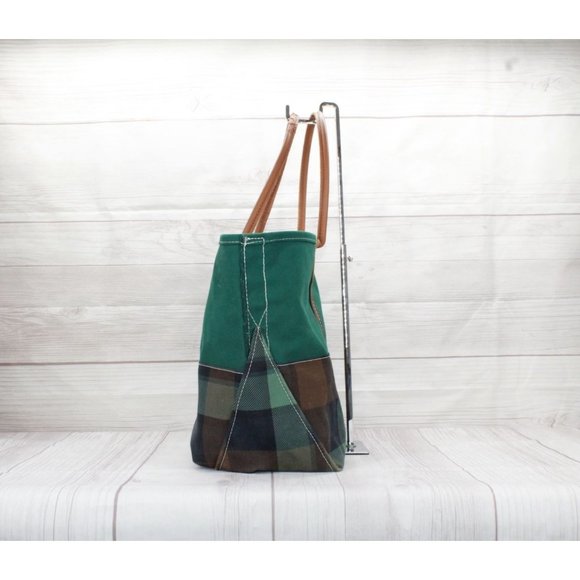 LL Bean Green Plaid Canvas Leather Handles Everyday Tote Bag - Picture 3 of 8